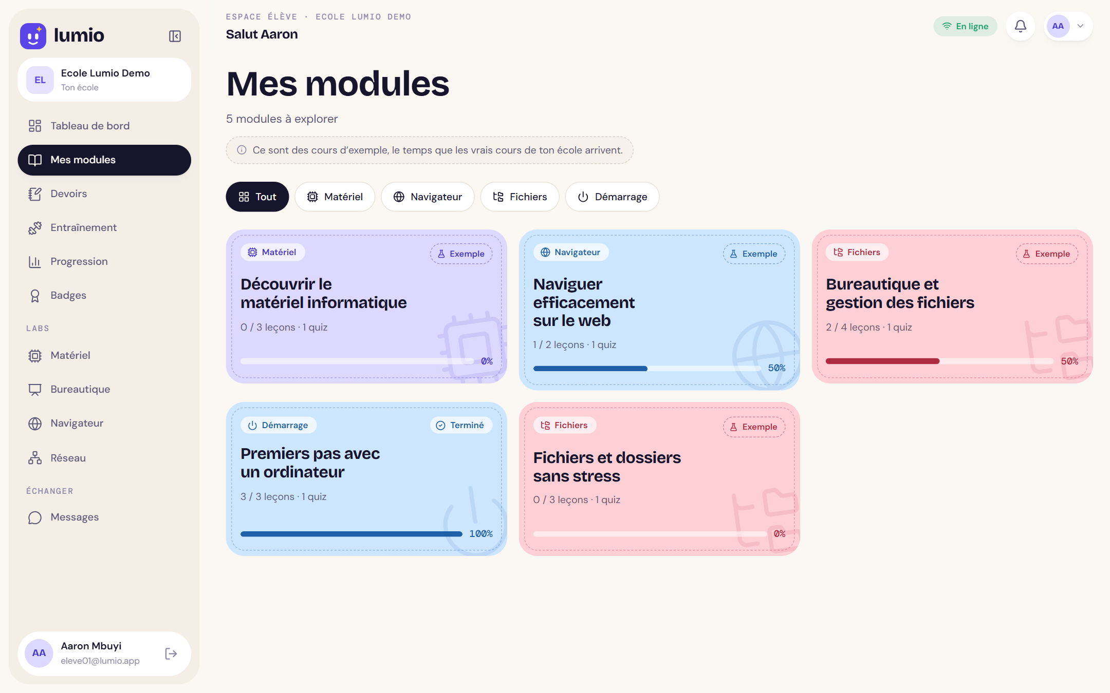 La liste des modules d’un élève, classés par thème avec leur progression