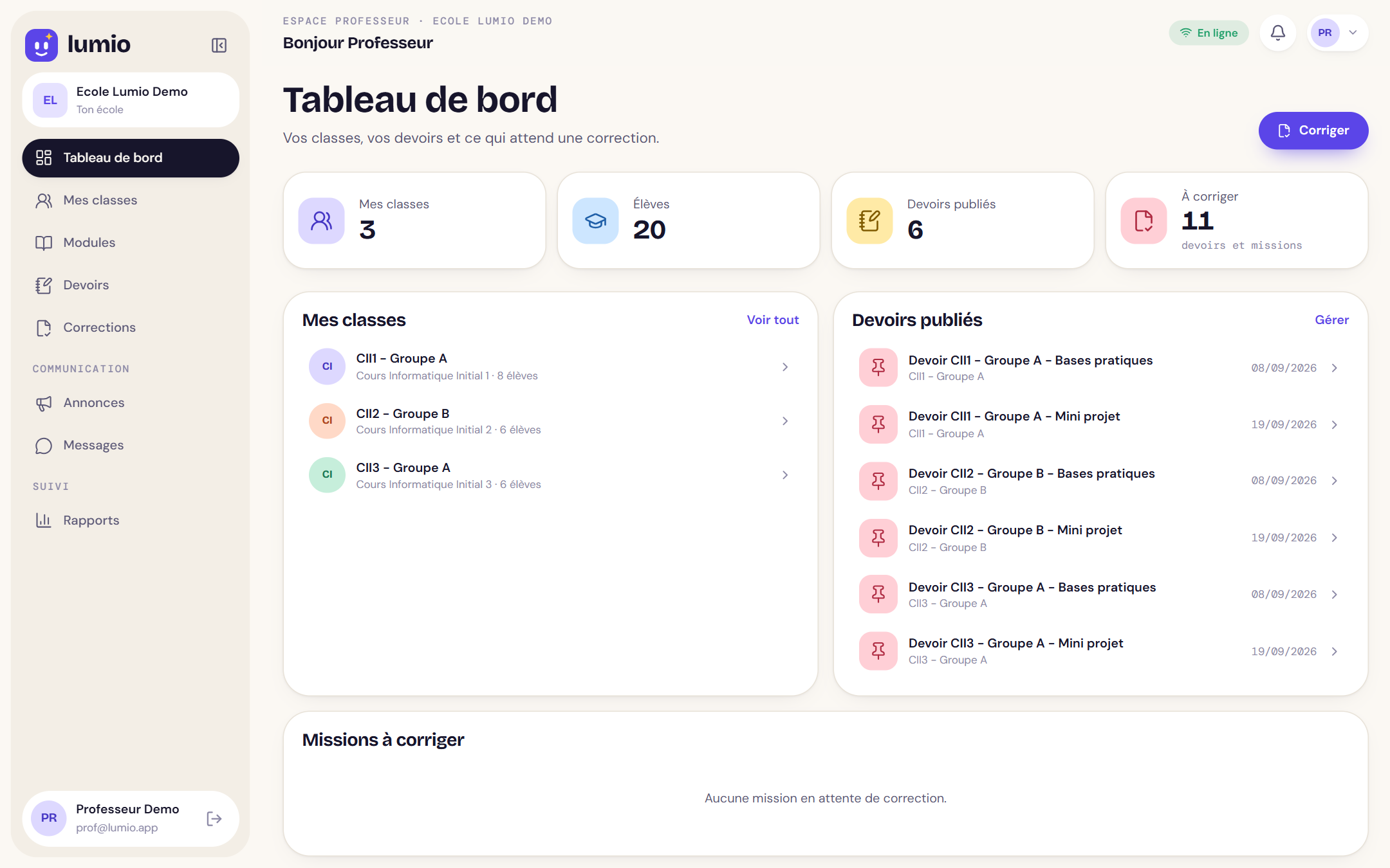 Le tableau de bord d’un professeur : ses classes, ses devoirs publiés et ce qui attend une correction